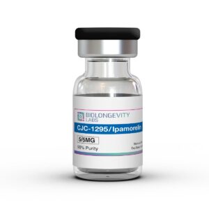 Glass vial with sealed cap labeled CJC-1295 Ipamorelin Blend 10MG 99% Purity from Biolongevity Labs.