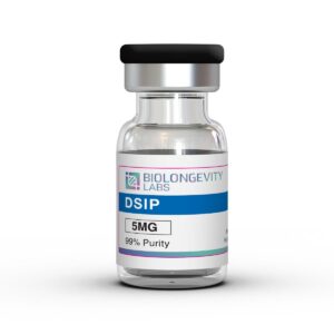 Glass vial with sealed cap labeled DSIP (Delta Sleep-Inducing Peptide) 5MG 99% Purity from Biolongevity Labs.