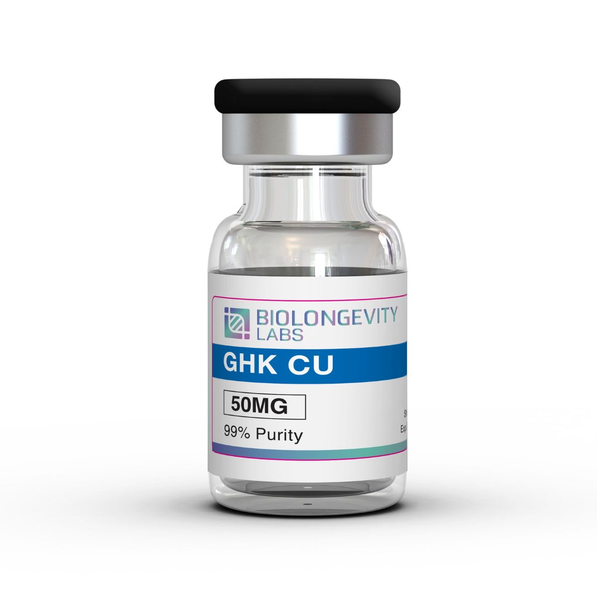 GHK-Cu Copper Peptide (50mg) 1 Glass vial with sealed cap labeled GHK-Cu Copper Peptide 5MG 99% Purity from Biolongevity Labs.
