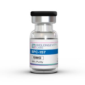 Small glass vial with black cap labeled BPC-157 10MG 99% Purity from Biolongevity Labs.