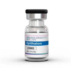 Glass vial with standard cap labeled Epithalon 20MG 99% Purity from Biolongevity Labs.