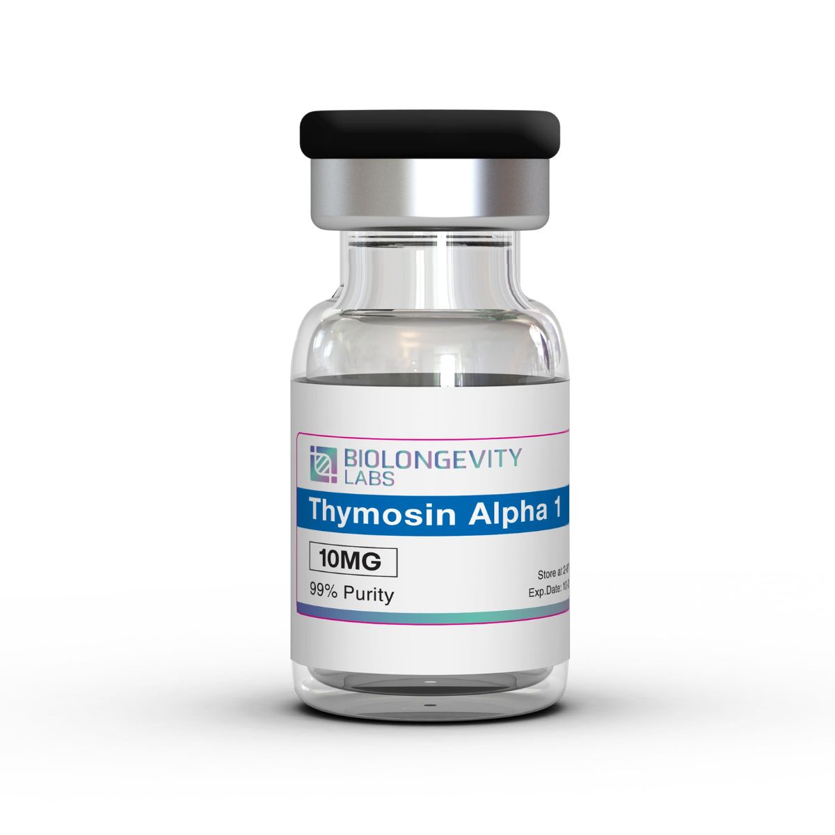 Thymosin Alpha 1 (10mg) 1 Glass vial with pharmaceutical cap labeled Thymosin Alpha 1 10MG 99% Purity from Biolongevity Labs.