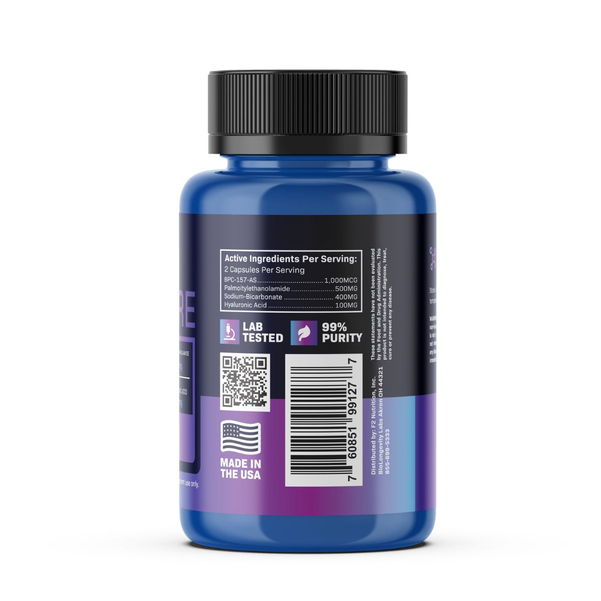 BioRestore 3 BIORestore bottle with purple gradient label showing active ingredients: BPC-157-AS (1,000MCG), Palmitoylethanolamide (500MG), Sodium-Bicarbonate (400MG), and Hyaluronic Acid (100MG)