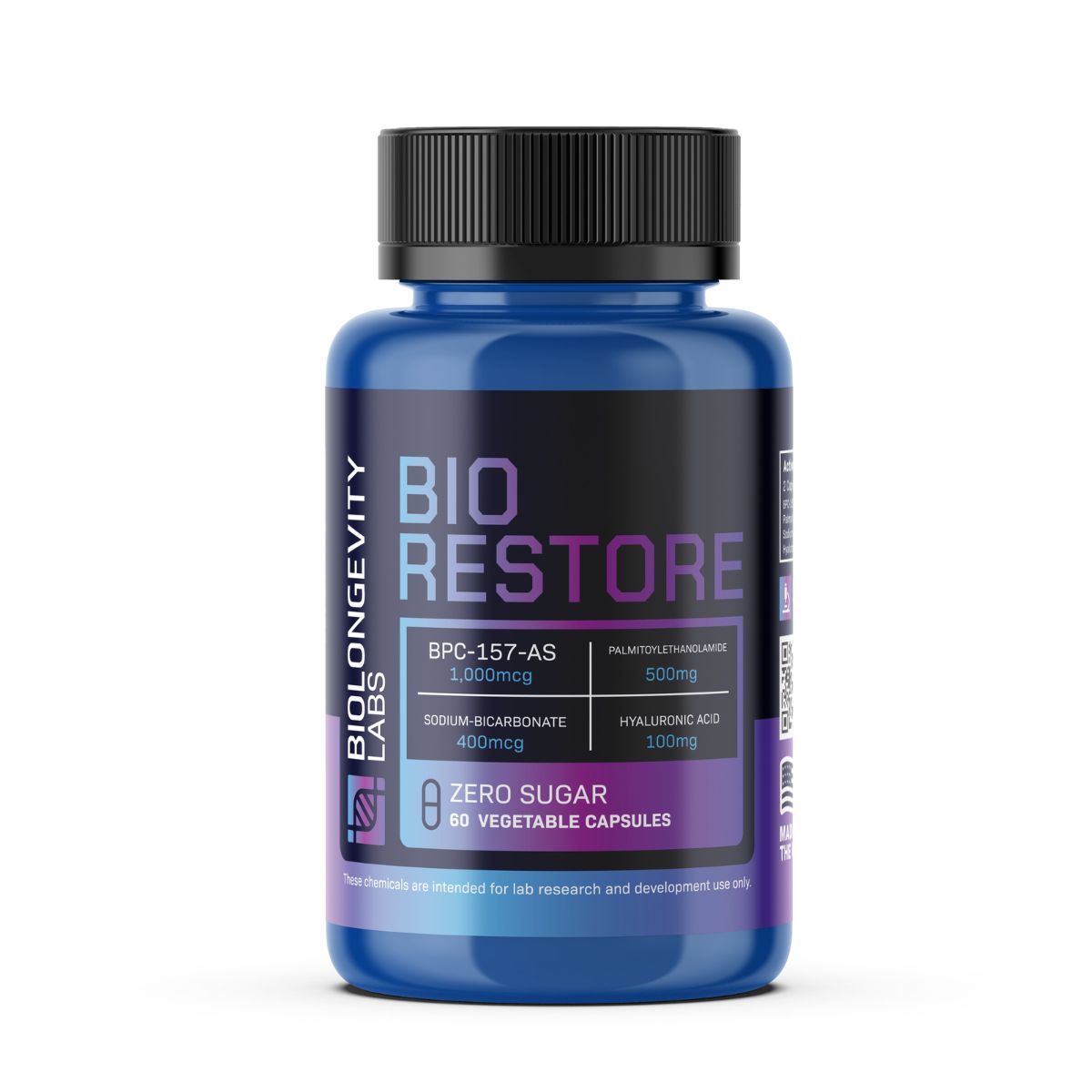 BioRestore 1 BIO RESTORE capsule bottle containing BPC-157-AS (1,000mcg), Palmitoylethanolamide (500mg), Sodium-Bicarbonate (400mg), and Hyaluronic Acid (100mg). 60 vegetable capsules for research use only.