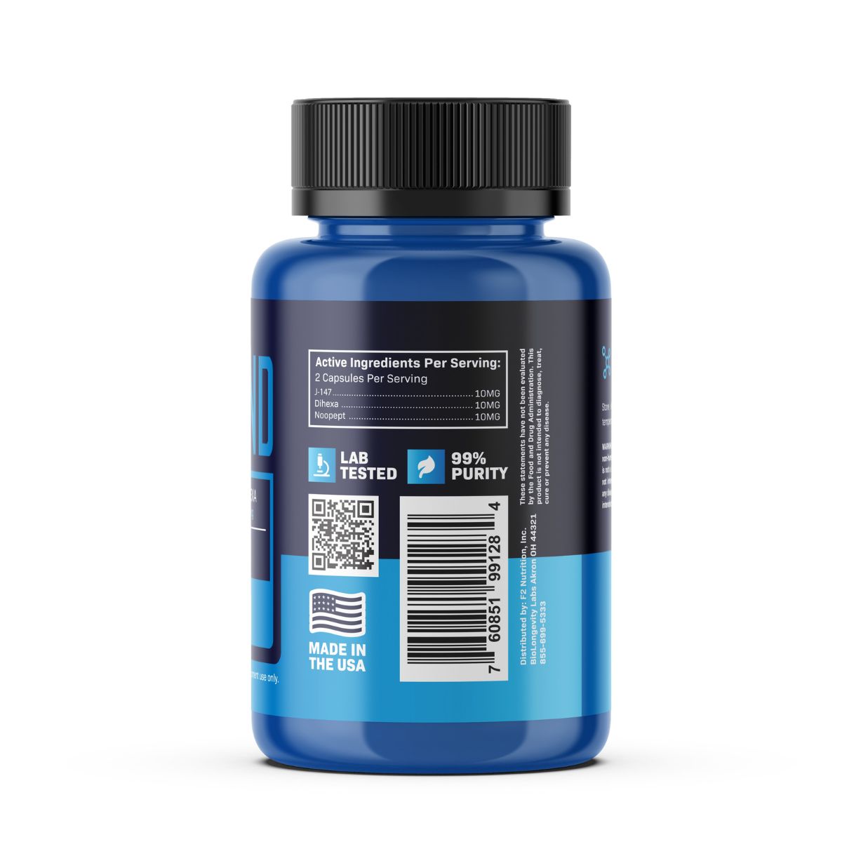 BioMind 3 Biomind 60 capsules displaying back label. Active ingredients per serving (2 capsules): J-147 (10MG), Dihexa (10MG), and Noopept (10MG).