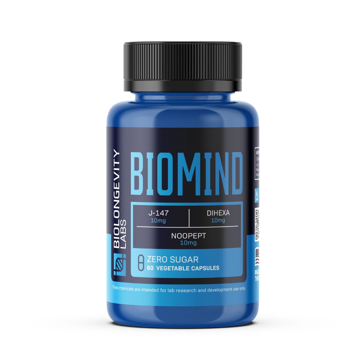 BioMind 1 BIOMIND by Biolongevity Labs. Front label shows three active ingredients: J-147 (10mg), Dihexa (10mg), and Noopept (10mg)