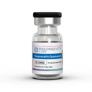 Glass vial of Biolongevity Labs Tesamorelin/Ipamorelin, 6/2MG, with purity exceeding 99%, made in the USA