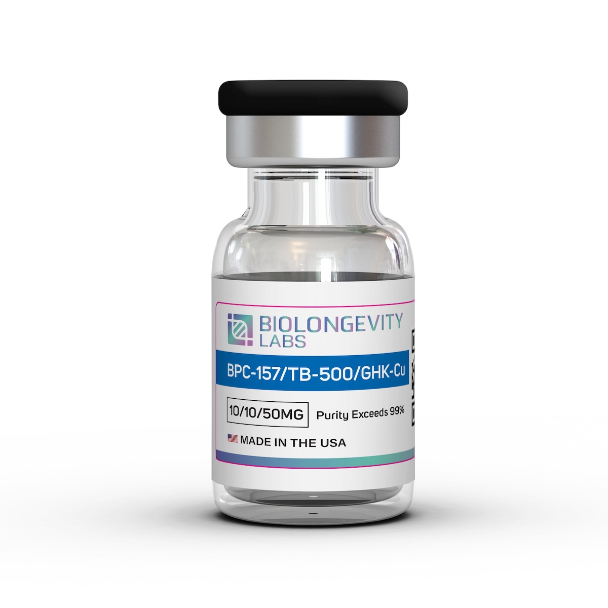GLOW Blend (GHK-Cu, BPC-157, TB-500) 70mg 1 Glass vial with sealed cap labeled BPC-157/TB-500/GHK-Cu 10MG/10MG/50MG 99% Purity from Biolongevity Labs.