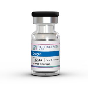 Glass vial of Biolongevity Labs Ovagen, 20MG, with purity exceeding 99%, made in the USA.