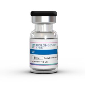 Glass vial of Biolongevity Labs VIP, 5MG, with purity exceeding 99%, made in the USA.