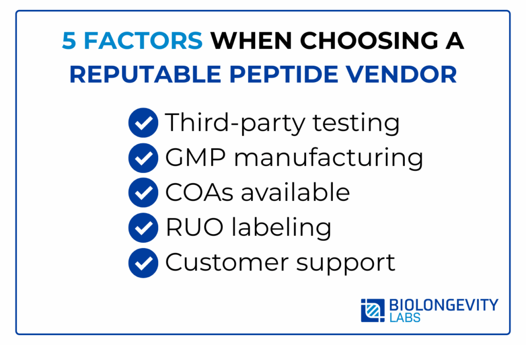 Informational image showing 5 factors when choosing a reputable peptide vendor