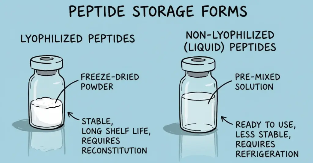 Infographic showing the difference between lyophilized and non-lyophilized peptide storage forms